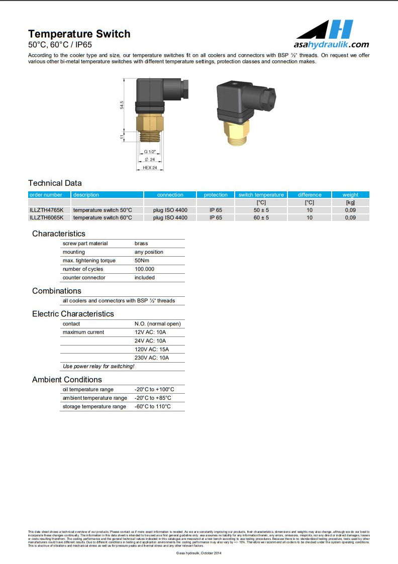 ASA ILLZTH4765K 50 Deg Temperature Switch - Unwin Hydraulic Engineering