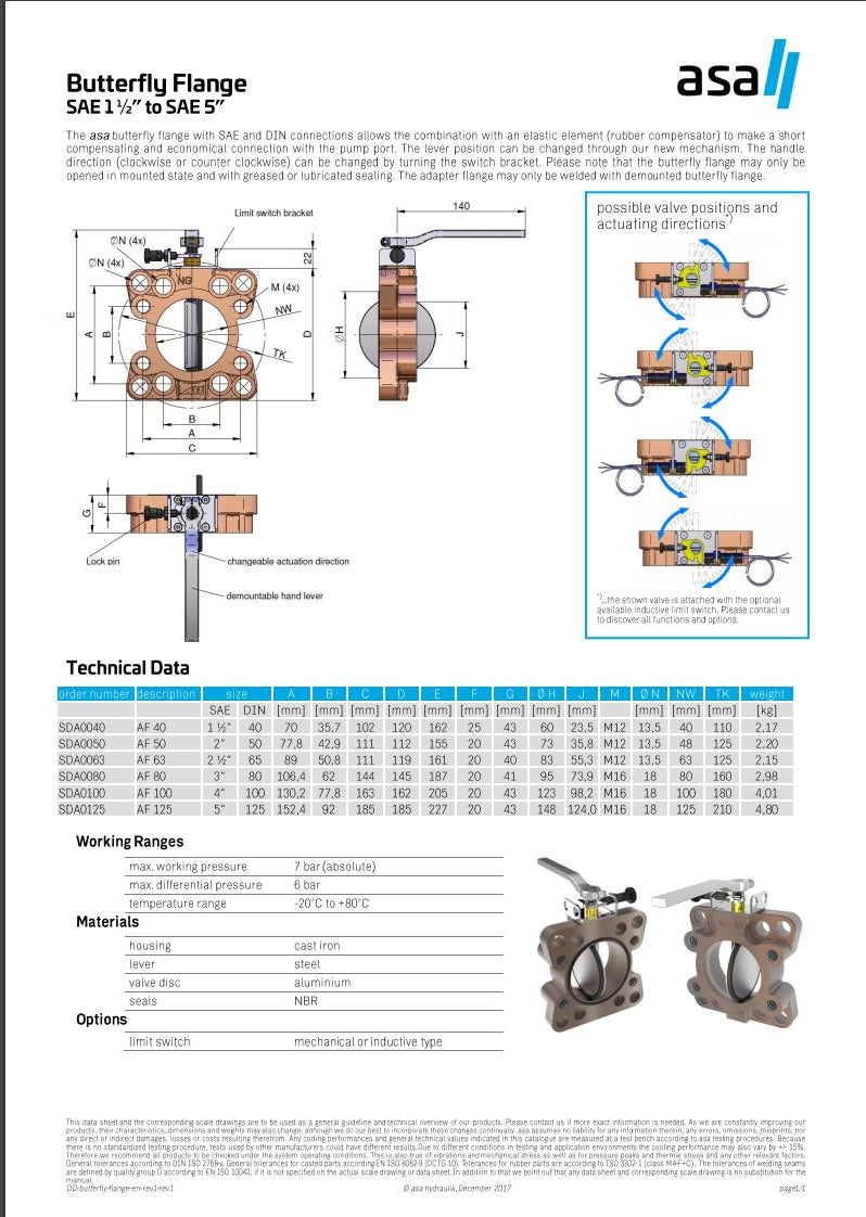 ASA SAE 4" -DIN100 -AF100 Butterfly Flange / Valve SDA0100 - Unwin Hydraulic Engineering