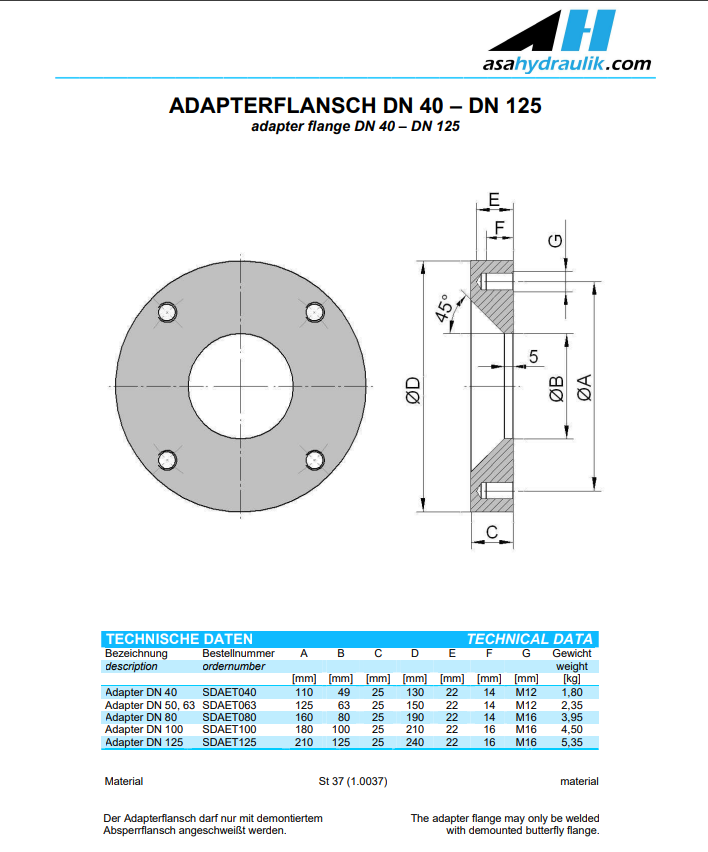 ASA SDAET40  Weldable Adapter Flange DN 40