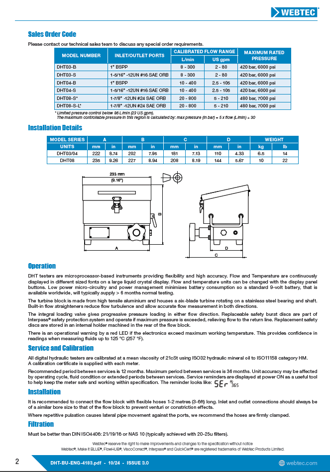 Webtec DHT04-B Digital Hydraulic Test Unit 1" BSP Ports  10-400 L/min